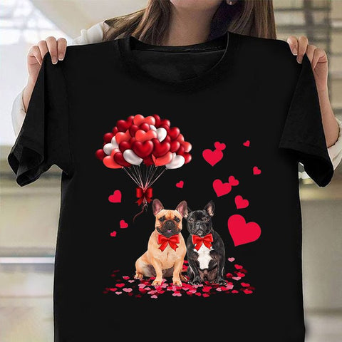 Frenchie Couple With Heart Bubble Shirt Frenchie Lovers Couple T-Shirt Valentines Day Gifts