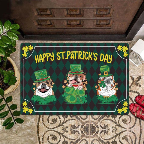 Happy St Patrick's Day Doormat Funny Dog Welcome Mats Gifts For Bulldog Lovers HN