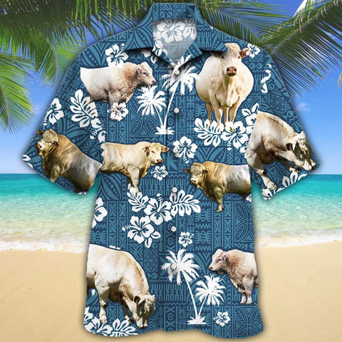 Men Charolais Cattle Hawaii Shirt White, Charolais Cattle Lovers Blue Tribal Hawaiian Shirt, Charolais Cattle Lovers HAWAIIAN SHIRT