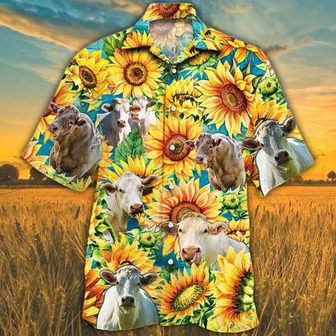 Men Charolais Cattle Hawaii Shirt Yellow, Charolais Cattle Lovers Sunflower Watercolor Hawaiian Shirt, Charolais Cattle Lovers HAWAIIAN SHIRT