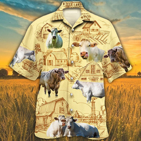 Men Charolais Cattle Hawaii Shirt Yellow, Charolais Cattle Lovers Farm Hawaiian Shirt, Charolais Cattle Lovers HAWAIIAN SHIRT