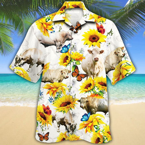 Men Charolais Cattle Hawaii Shirt White, Charolais Cattle Lovers Sunflower Hawaiian Shirt, Charolais Cattle Lovers HAWAIIAN SHIRT