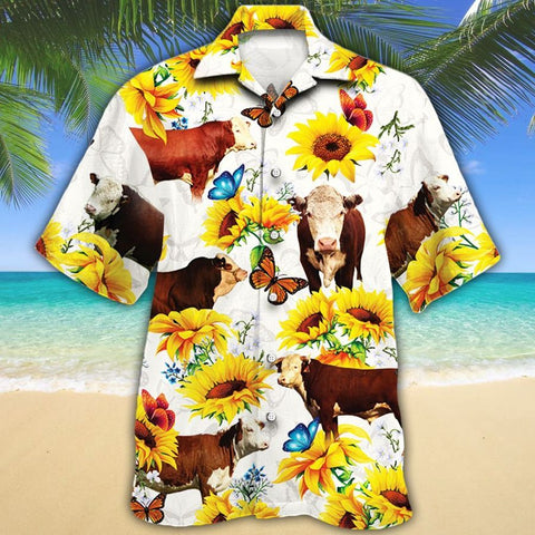 Men Hereford cattle Hawaii Shirt White HEREFORD CATTLE LOVERS SUN FLOWER HAWAIIAN SHIRT, HEREFORD CATTLE LOVERS HAWAIIAN SHIRT