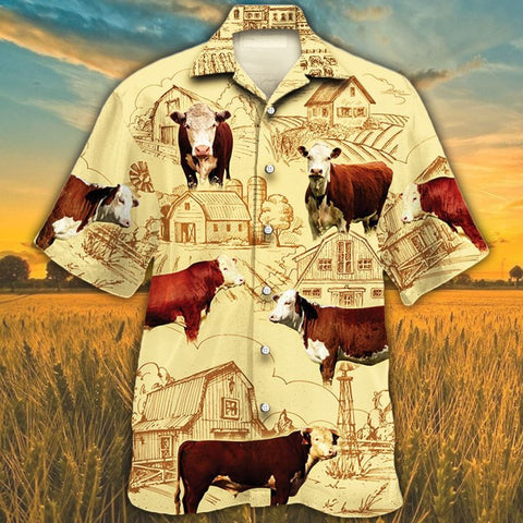 Men Hereford cattle Hawaii Shirt Yellow, Hereford Cattle Lovers Farm HAWAIIAN SHIRT, HEREFORD CATTLE LOVERS HAWAIIAN SHIRT