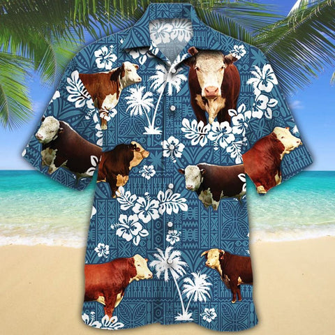 Men Hereford cattle Hawaii Shirt Blue Tribal HEREFORD CATTLE LOVERS Blue Tribal HAWAIIAN SHIRT, HEREFORD CATTLE LOVERS HAWAIIAN SHIRT