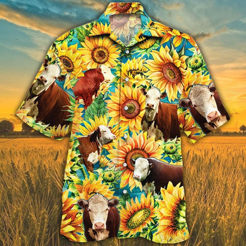 Men Hereford cattle Hawaii Shirt Yellow HEREFORD CATTLE LOVERS SUNFLOWER HAWAIIAN SHIRT, HEREFORD CATTLE LOVERS HAWAIIAN SHIRT