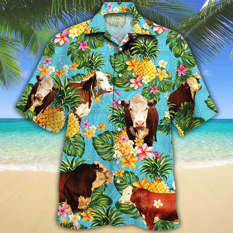 Men Hereford cattle Hawaii Shirt, Hereford Cattle Lovers Pineapple HAWAIIAN SHIRT, HEREFORD CATTLE LOVERS HAWAIIAN SHIRT