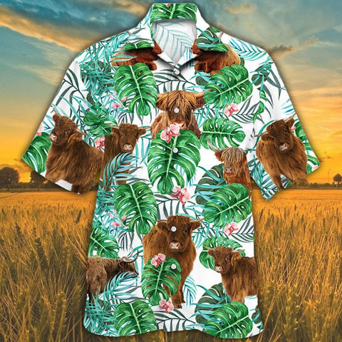 Men Highland cattle Hawaii Shirt Green, Highland Cattle Lovers Tropical Plant HAWAIIAN SHIRT, Highland CATTLE LOVERS HAWAIIAN SHIRT