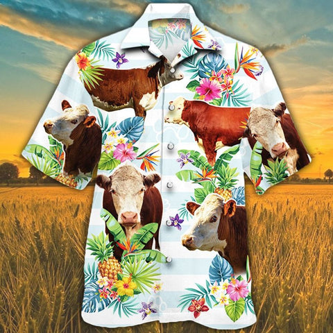 Men Hereford cattle Hawaii Shirt, Hereford Cattle Lovers Tropical Flower HAWAIIAN SHIRT, HEREFORD CATTLE LOVERS HAWAIIAN SHIRT