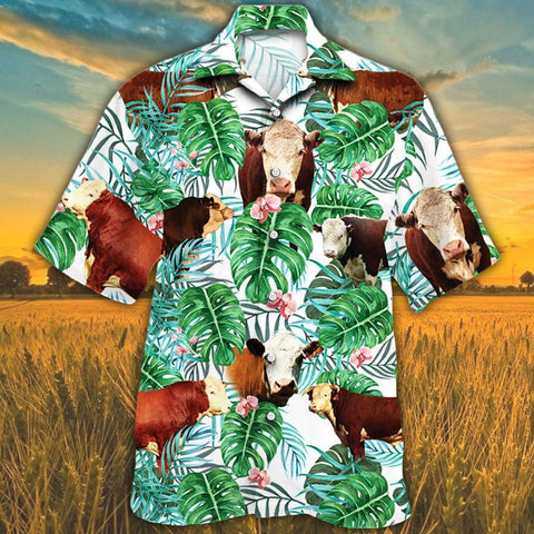 Men Hereford cattle Hawaii Shirt, Hereford Cattle Lovers Tropical Plant HAWAIIAN SHIRT, HEREFORD CATTLE LOVERS HAWAIIAN SHIRT