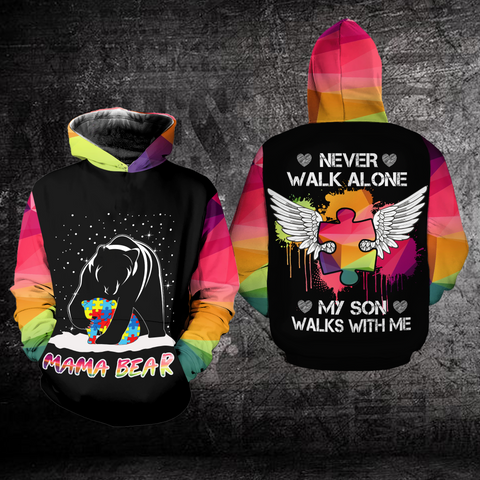 Mama Bear Never Walk Alone Hoodie Autism Mom Hoodie Autism Awareness Hoodie Gift For Mom HT