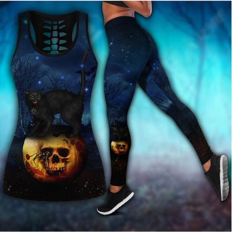 Halloween Tank top leggings Halloween Skull Black Cat Combo Outfit For Women