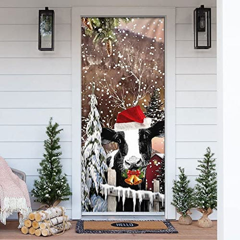 Cow Merry Christmas Door Cover Funny Cow Door Cover Christmas Home Decor Porch Home Holidays Decorations HT