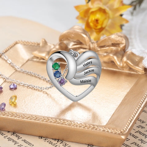 Personalized Family Heart Mothers Day Necklace With Birthstones Mom Jewelry Gift For Mom Grandma Wife HT