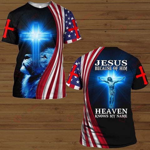 Jesus because of him heaven knows my name American Flag blue lion ALL OVER PRINTED SHIRTS DH081002