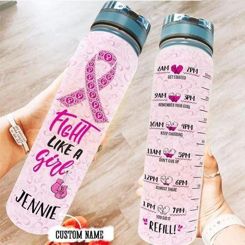 Breast Cancer Fight Personalized Name Water Tracker Bottle, Breast Cancer Bottle