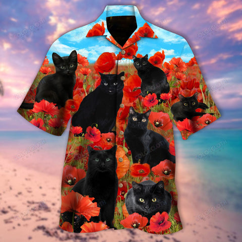 Black Cat Behind The Poppy Flowers Unisex Hawaiian Shirt TV045227