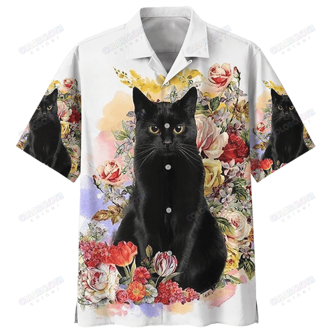 BLACK CAT FLOWER HAWAIIAN SHIRT HL02708