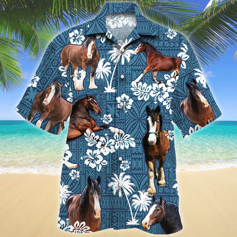 Clydesdale Horse Blue Tribal Pattern Hawaii Shirt