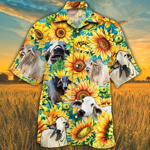 Men Brahman Hawaii Shirt, Brahman Cattle Shirt Yellow Brahman Cattle Lovers Sunflower Watercolor Hawaiian Shirt