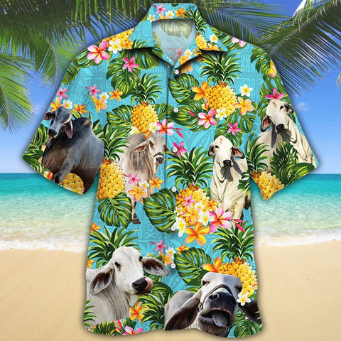 Men Brahman Hawaii Shirt, Brahman Cattle Shirt Green, Brahman Cattle Lovers Pineapple Hawaiian Shirt