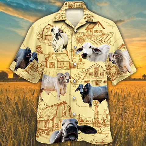 Men Brahman Hawaii Shirt, Brahman Cattle Shirt Yellow, Cattle Lovers Farm Hawaiian Shirt