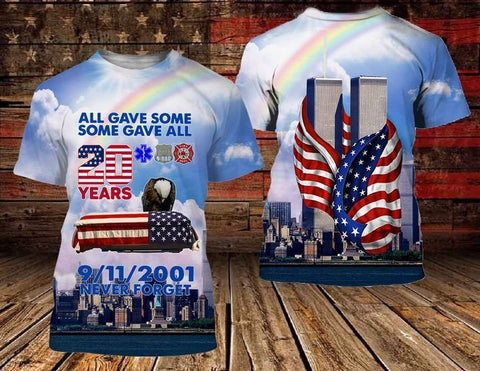 MEMORIAL DAY WE WILL NEVER FORGET 9/11 3D T-SHIRT 20TH ANNIVERSARY