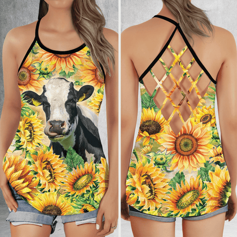 Holstein Friesian Cattle Lovers Big Sunflower Criss Cross Tank Top, Cattle Tank top