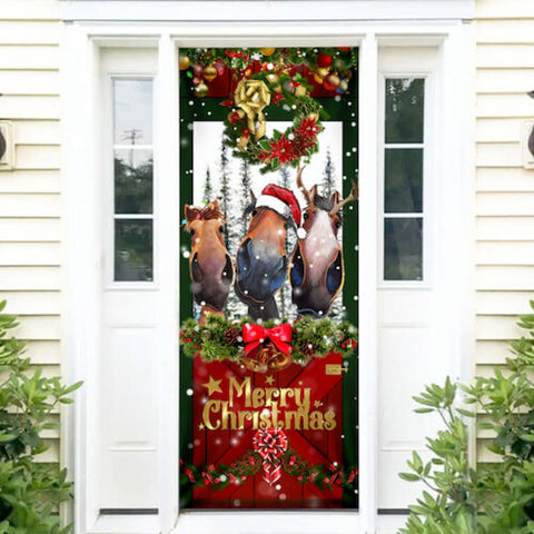 Horse Merry Christmas Door Cover Funny Horse Door Cover Christmas Home Decor Porch Home Holidays Decorations HT