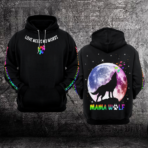 Mama Wolf Autism Unisex Hoodie For Women Autism Awareness Shirts Clothing Gifts For Mom HT