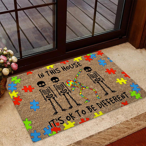 In This House It's Ok To Be Different Skeleton Autism Awareness Doormat Autism Home Decor Autism Awareness Gift Idea HT