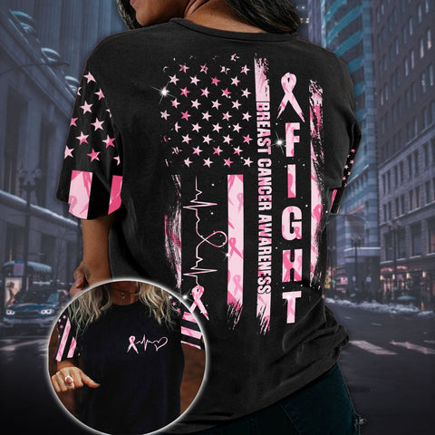 Fight Flag Breast Cancer All Over Print Shirt, Pink Ribbon Shirt