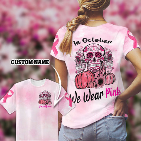 Breast Cancer Sugar Skull Halloween Pumpkin T-shirt Custom TTM