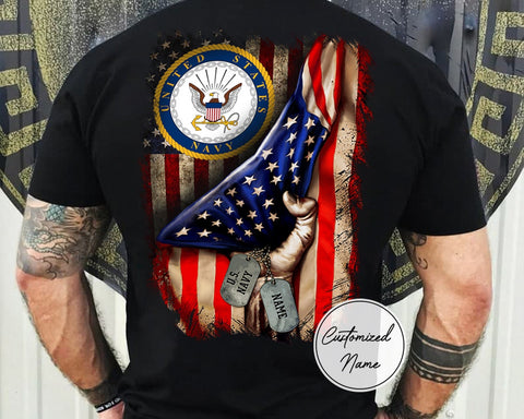 Personalized US Navy Emblem Shirt, Custom Name Shirt, Navy Veteran Gift, Hand Pulling Down USA Flag Tee, Patriotic Shirt