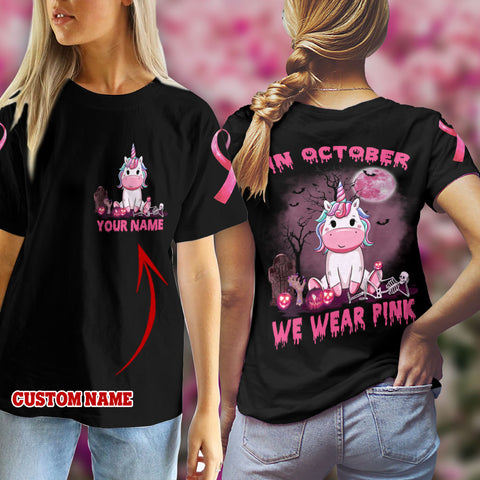 In October We Wear Pink Shirt Unicorn Black 3D T-shirt, Breast Cancer Awareness Shirt, Gift for Breast Cancer Survivors TD