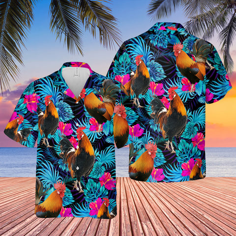 Rooster Blue neon Tropical Hawaii Shirt, Cattle Shirt ROOSTER CATTLE LOVERS HAWAIIAN SHIRT TTM