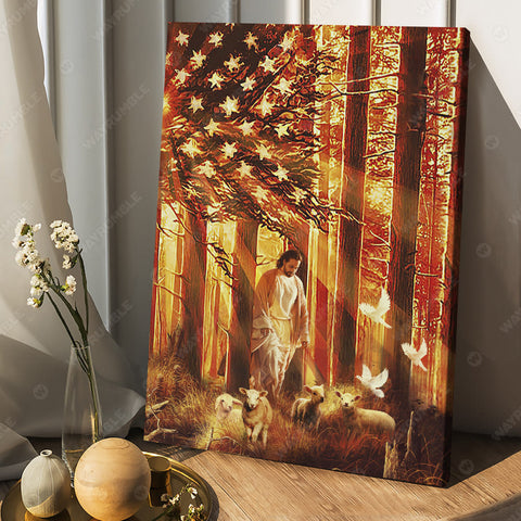 Jesus Painting Walking With The Lambs Jesus US Flag Canvas Prints Wall Art Jesus Gifts HT