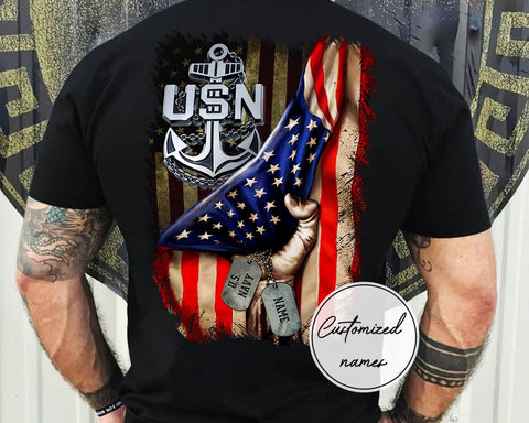 Personalized US Navy Anchor Military Shirt, Veteran Day Gift, Fist Hand Pulling USA Flag Print, Patriotic Tee, Navy Graduation Gift