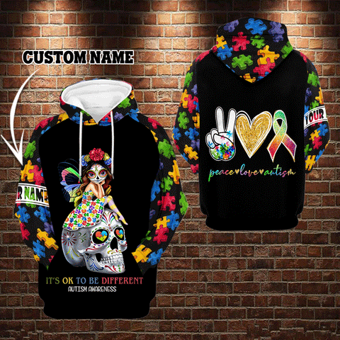 Personalized It's OK To Be Different Sugar Skull Girl Unisex Hoodie For Men Women Autism Awareness Hoodie Gift Idea HT