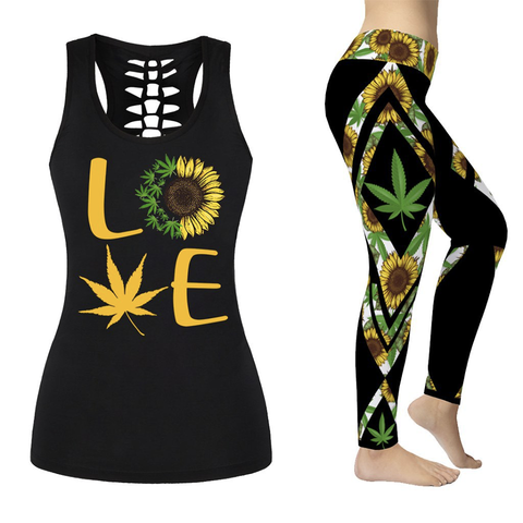 Love Sunflower Tank Top Leggings Set For Women Cannabis Marijuana 420 Weed Shirt Clothing Gifts HT