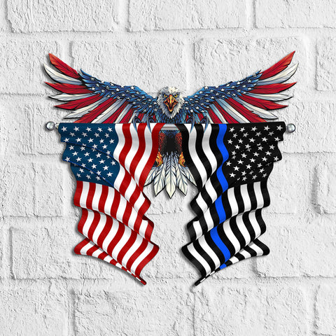 Thin Blue Line Flags and Flag of the United States, Best Gift for Independence Day, Memorial Day – Cut Metal Sign HN