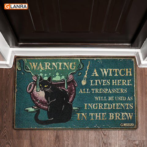 Warning A Witch Lives Here Black Cat Doormat Halloween Decorations Home Decor Mat HT