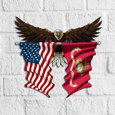 Eagle Flag of the United States and Marine Corps Flag, Best Gift for Independence Day, Memorial Day – Cut Metal Sign HN