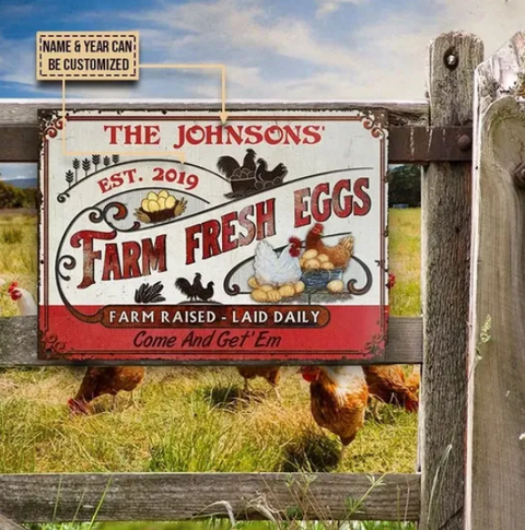Personalized Chicken Farm Fresh Eggs Red White Custom Classic Metal Signs (Tappee)(2021)