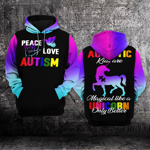 Peace Love Autism Unisex Hoodie For Men Women Unicorn Autism Awareness Shirts Clothing Gifts HT