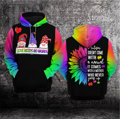 Love Needs No Words Autism Unisex Hoodie For Men Women Gnome Autism Awareness Shirts Clothing Gifts HT