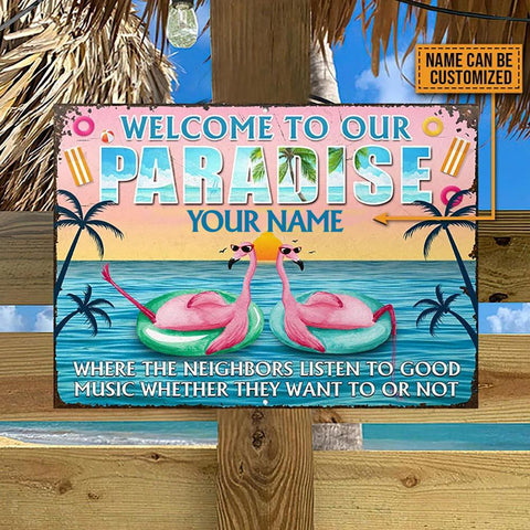 Beach Flamingo Paradise Custom Classic Metal Signs