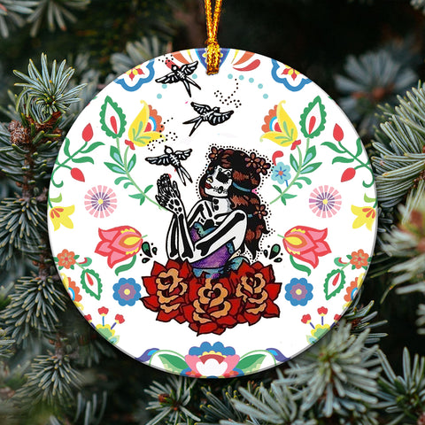 Bird Girl Ornament Skull Ornament Day of the Dead Sugar Skull Girl Tattoo Art Print Dia de los Muertos Hanging Ornament Tree Decor Indoor Car Decor HN