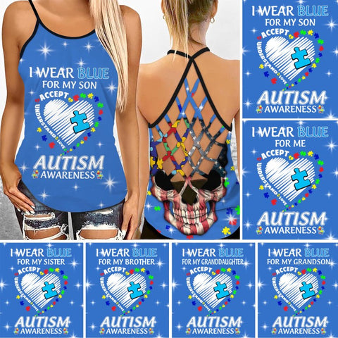 Custom I Wear Blue For My Son Criss Cross Tank Autism Awareness Mom Gift Autism Awareness Shirts HT