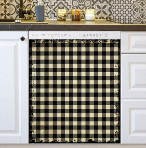 Dishwasher Magnet Cover - Grungy Farmhouse Buffalo Plaid Pattern - Black and Tan